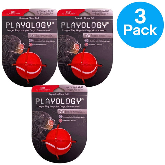 Playology Squeaky Chew Ball for Dogs - All-Natural Beef Scent, Medium/Large, Red