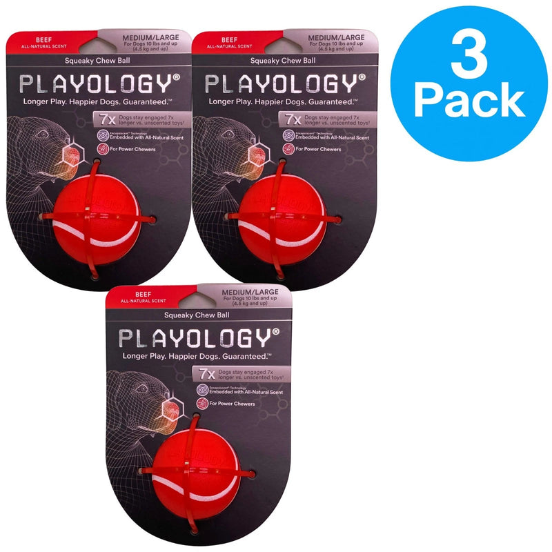 Playology Squeaky Chew Ball for Dogs - All-Natural Beef Scent, Medium/Large, Red