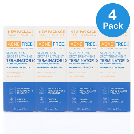 AcneFree Terminator 10 Severe Acne Spot Treatment 1oz bottles displayed in 4-pack bundle