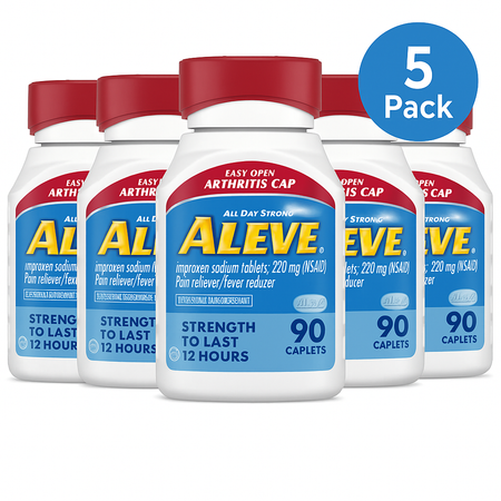 Aleve 220mg 90 Caplets 5 Pack Easy Open Arthritis Cap - New