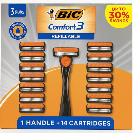 BIC Comfort 3 Refillable Razor 1 Handle + 14 Cartridges – New