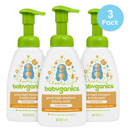 Babyganics Good Night Shampoo and Body Wash 16oz 3 Pack bottles on white background