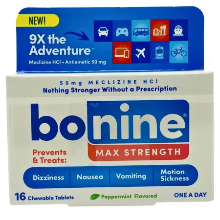 Bonine Max Strength 50mg peppermint chewable tablets for motion sickness relief