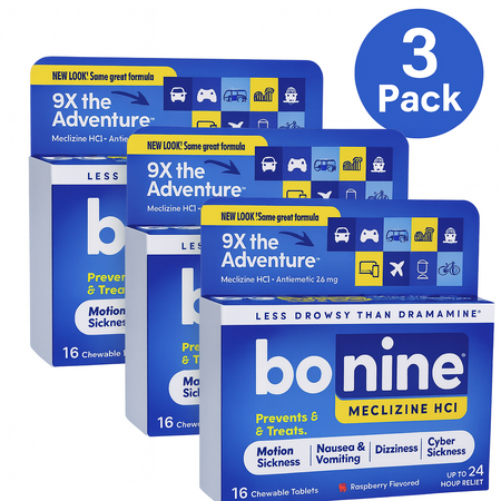 Bonine Meclizine HCl 16 Chewable Tablets Raspberry Flavor - 3 Pack - New