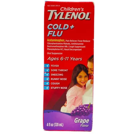 Children's Tylenol Cold + Flu Grape Flavor 4 fl oz bottle for kids' cold and flu symptoms