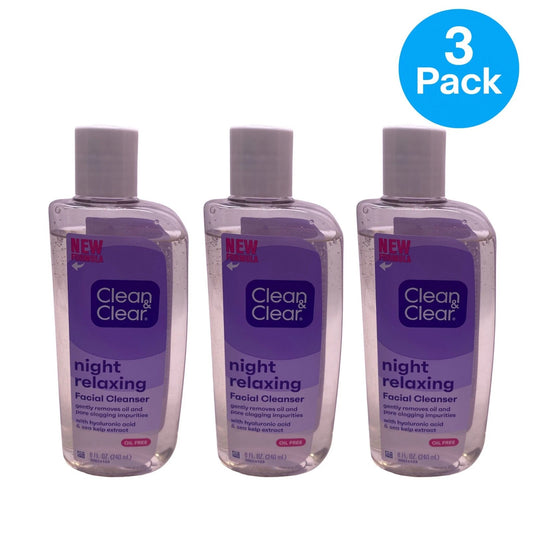 Clean & Clear Night Relaxing Facial Cleanser 8oz bottles - 3 pack set for daily skincare routine