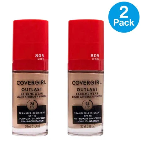 CoverGirl Outlast 805 Ivory SPF18 foundation 1oz bottles 2 pack with SPF sun protection