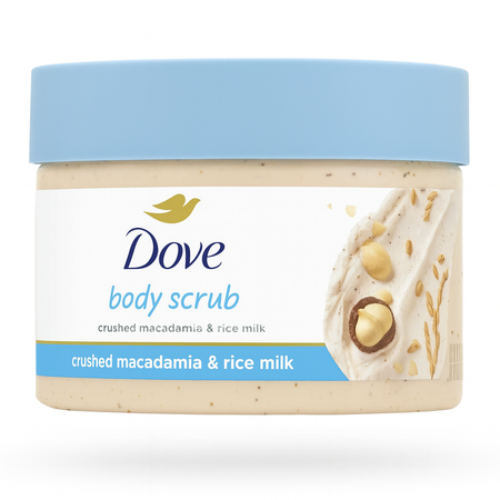 Dove Body Scrub Crushed Macadamia & Rice Milk 10.5oz package with natural exfoliating ingredients