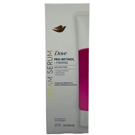 Dove Pro-Retinol Firming Body Cream Serum 8 oz bottle with retinol and firming ingredients