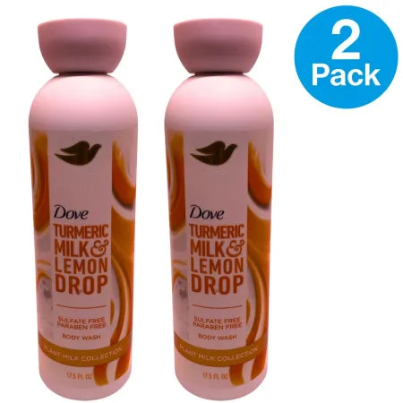 Dove Turmeric Milk & Lemon Drop Body Wash 17.5oz bottle 2-pack set for gentle skin cleansing