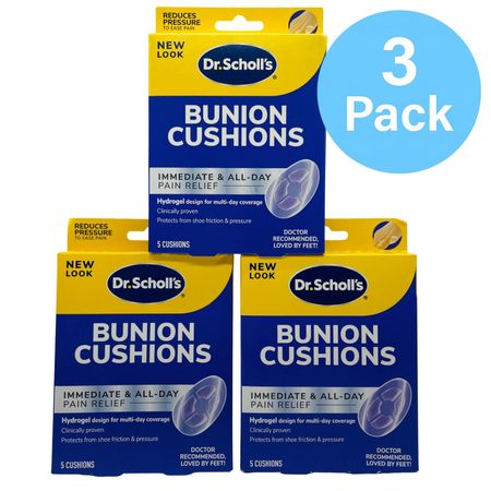 Dr. Scholl's Bunion Cushions 5 Count 3 Pack product packaging and cushions for bunion pain relief