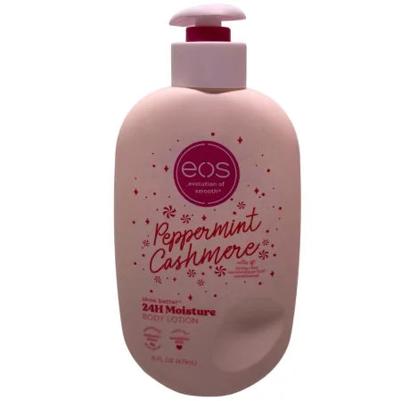 EOS Peppermint Cashmere Body Lotion 16 oz bottle with peppermint and cream packaging design
