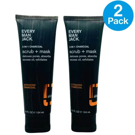 Every Man Jack 2-in-1 Charcoal Scrub and Mask 4.2oz bottle with activated charcoal formula