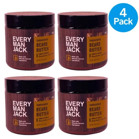 Every Man Jack Sandalwood Beard Butter 4oz jar with natural ingredients for beard care