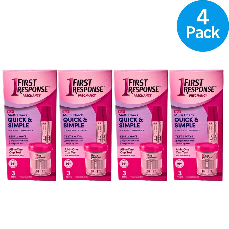 First Response Pregnancy Test Multi Check 4 Pack box showing quick and simple detection strips