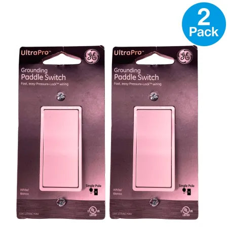 GE UltraPro white grounding paddle light switch 15A single pole 2-pack