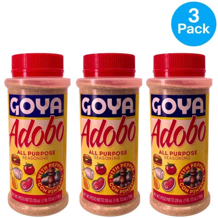 Goya Adobo All Purpose Seasoning 28oz bottle 3-pack with pepper flavor and 2030 expiration date