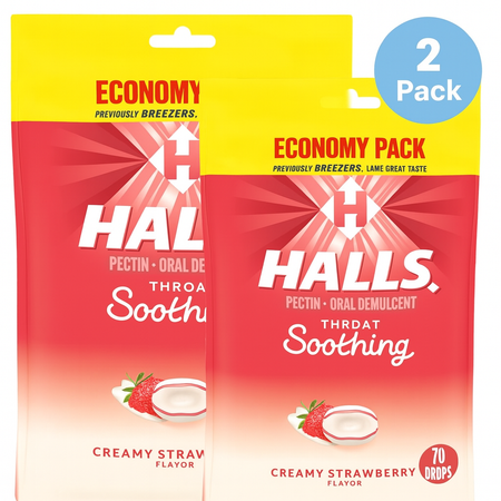 Halls Throat Soothing Creamy Strawberry 70 Drops 2 Pack New