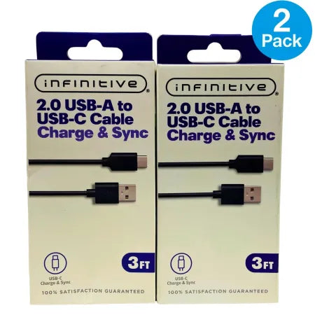 Infinitive USB-A to USB-C Cable 3FT – 2 Pack – Charge & Sync – New