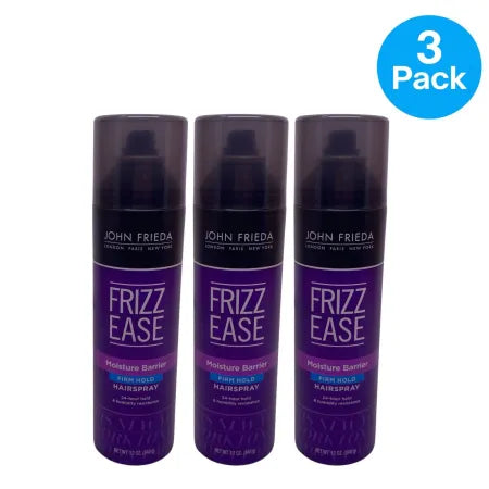 John Frieda Frizz Ease Firm Hold Hairspray 12oz 3 Pack bottles on white background