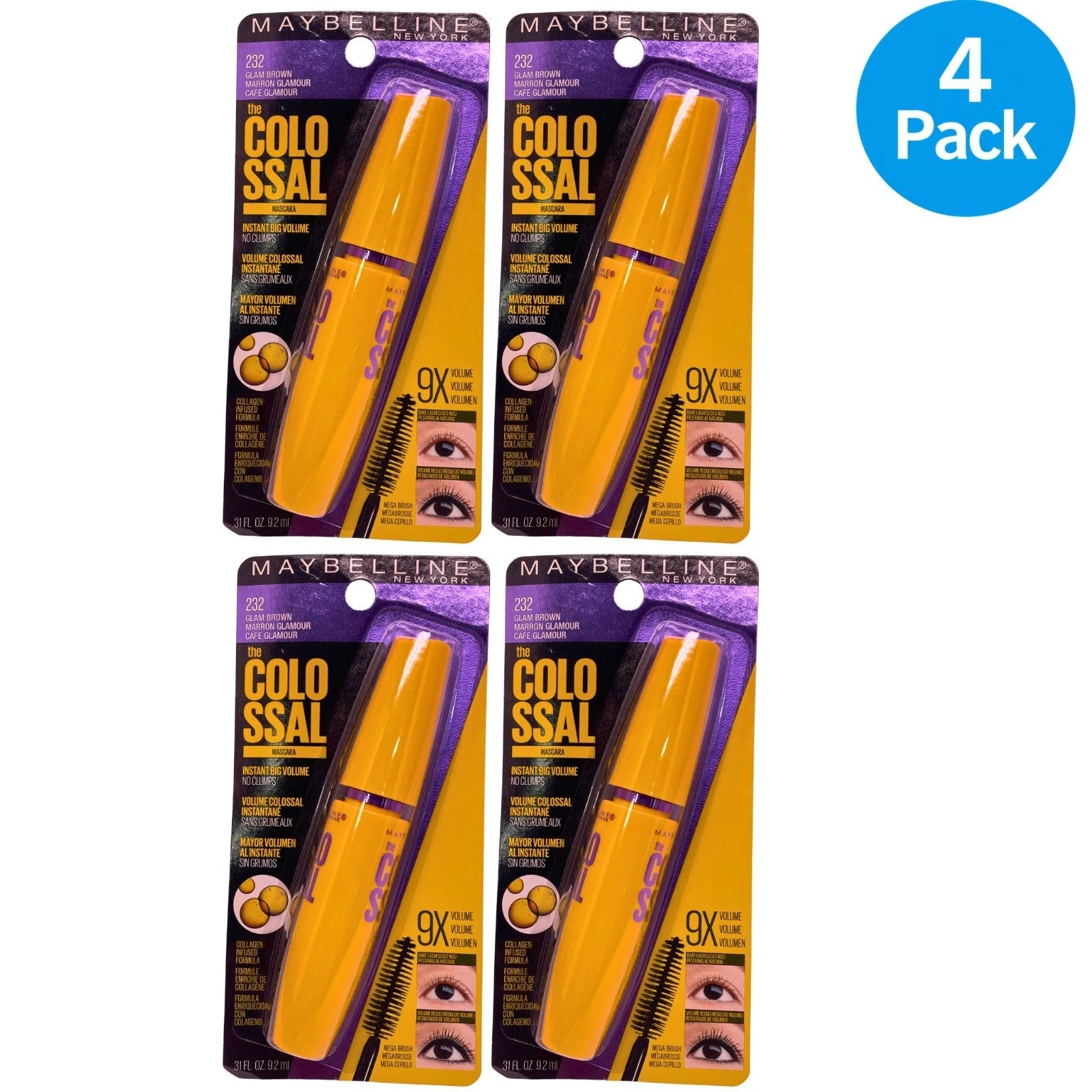 Maybelline Colossal Mascara Glam Brown #232 0.31oz 4 Pack New