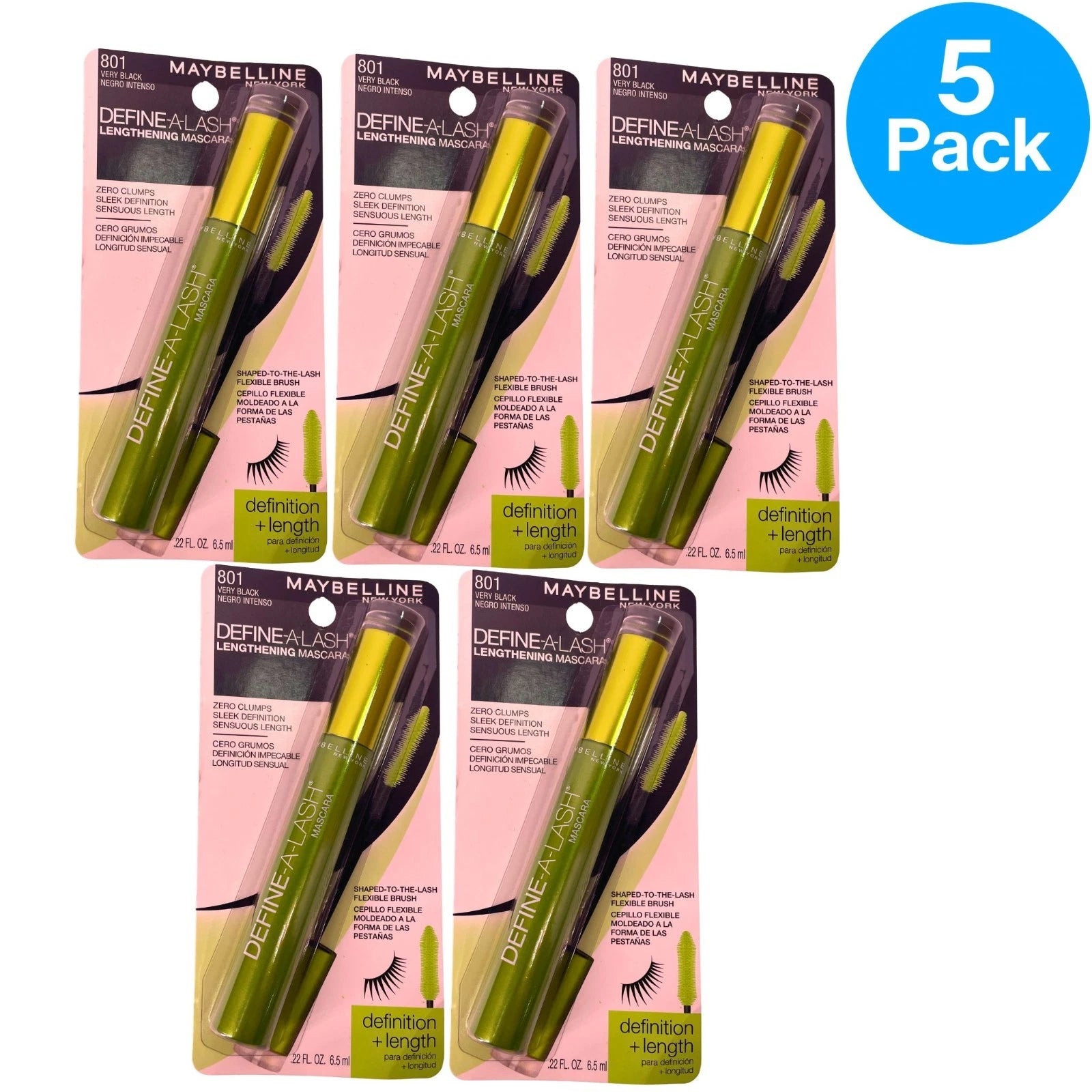 Maybelline Define-A-Lash Mascara 0.22 oz Very Black 801 5 Pack New