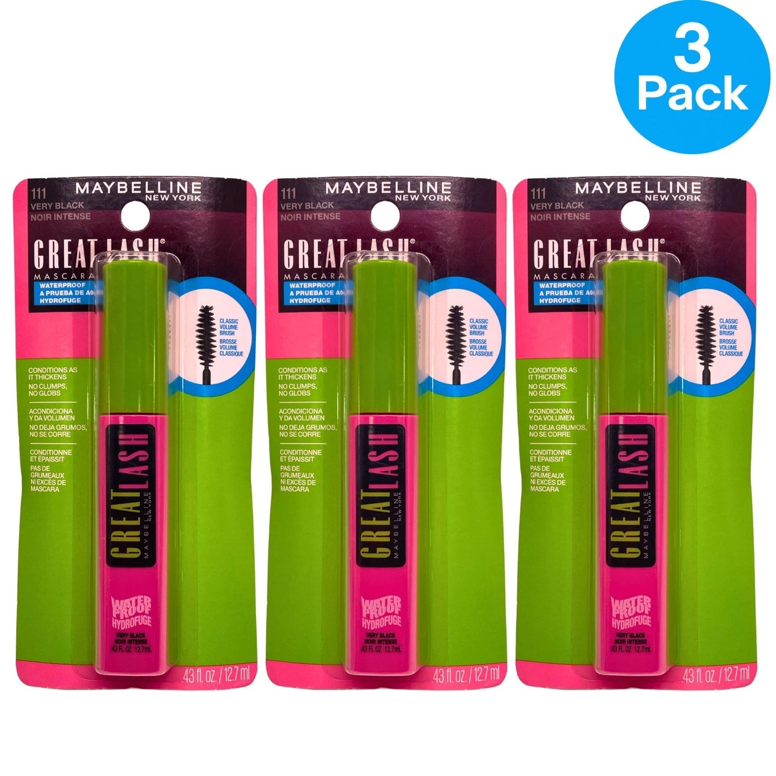 Maybelline Great Lash Waterproof Mascara #111 Black 3 Pack New