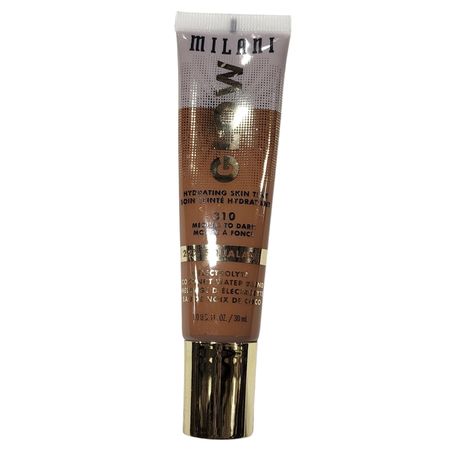 Milani Glow Hydrating Skin Tint Medium to Dark 30ml bottle with dewy finish complexion swatch