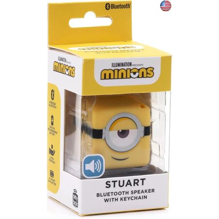 Minions Stuart character yellow Bluetooth speaker keychain by Bitty Boomers portable audio device