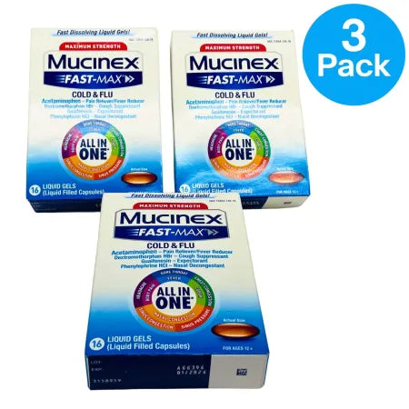 Mucinex Fast-Max Cold & Flu All-In-One 16 Liquid Gels – 3 Pack (Exp:01/2026)