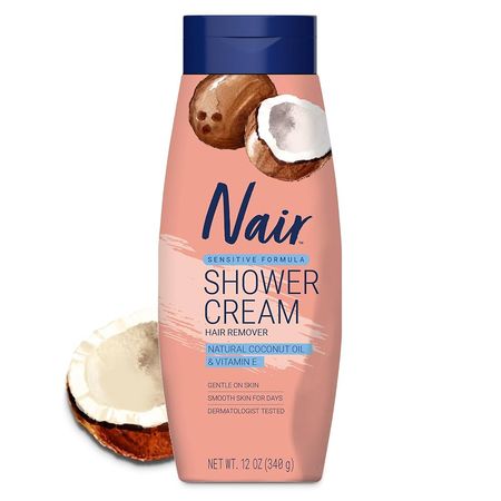 Nair Sensitive Shower Cream Hair Remover, Coconut Oil & Vitamin E, Body Hair Removal Cream, 12 oz