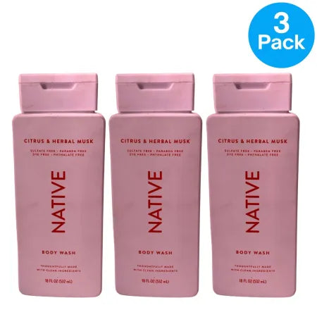 Native Body Wash Citrus & Herbal Musk 18oz bottle 3 pack new product