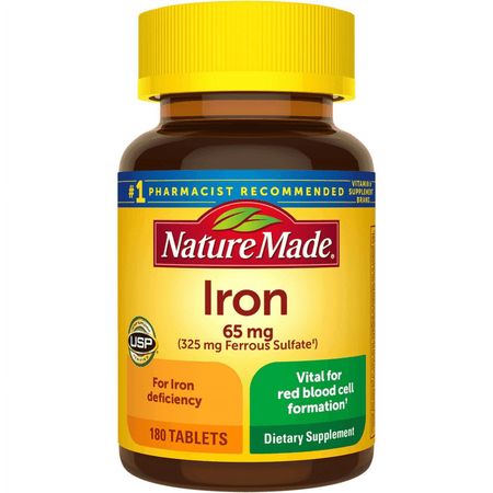 Nature Made Iron 65 mg Tablets, Ferrous Sulfate, Dietary Supplement for Red Blood Cell Support, 180 Count