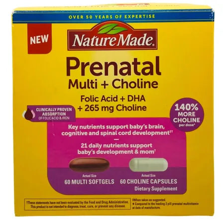Nature Made Prenatal Multi + Choline with Folic Acid & DHA 60+60 Count (1 Pack) 1