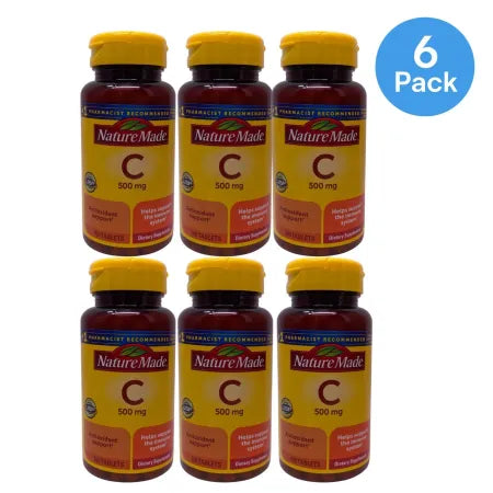 Nature Made Vitamin C 500mg bottle in 6-pack bundle with 100 tablets per pack, new stock expiring March 2028
