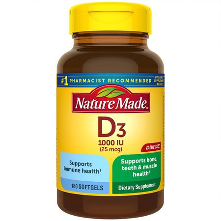 Nature Made Vitamin D 1,000 IU supplement bottle containing 180 softgels for immune and bone health support