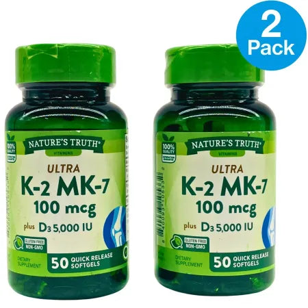 Nature’s Truth K-2 MK-7 100 mcg + D3 5000 IU 50 Softgels – 2 Pack-02/2027 – New