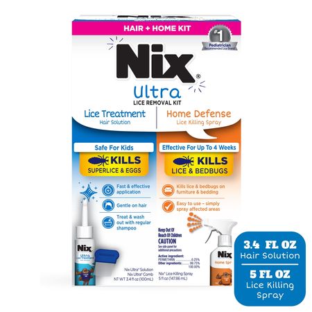 Nix Ultra Lice Removal Kit, 3.4oz Lice Treatment Hair Solution & Comb + 5oz Home Bedbug Spray, 1 Kit
