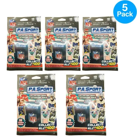 PA Sport NFL 2025 Starter Pack showing 5 pack box with 18 stamps and collector book