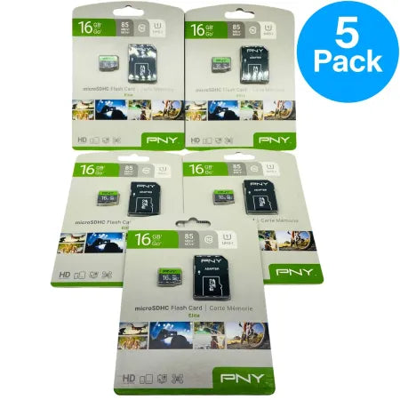 PNY 16GB microSDHC Flash Card Elite with Adapter – 5 Pack