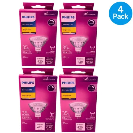 Philips MR16 5.2W LED 3000K GU5.3 4 Pack warm white bulbs