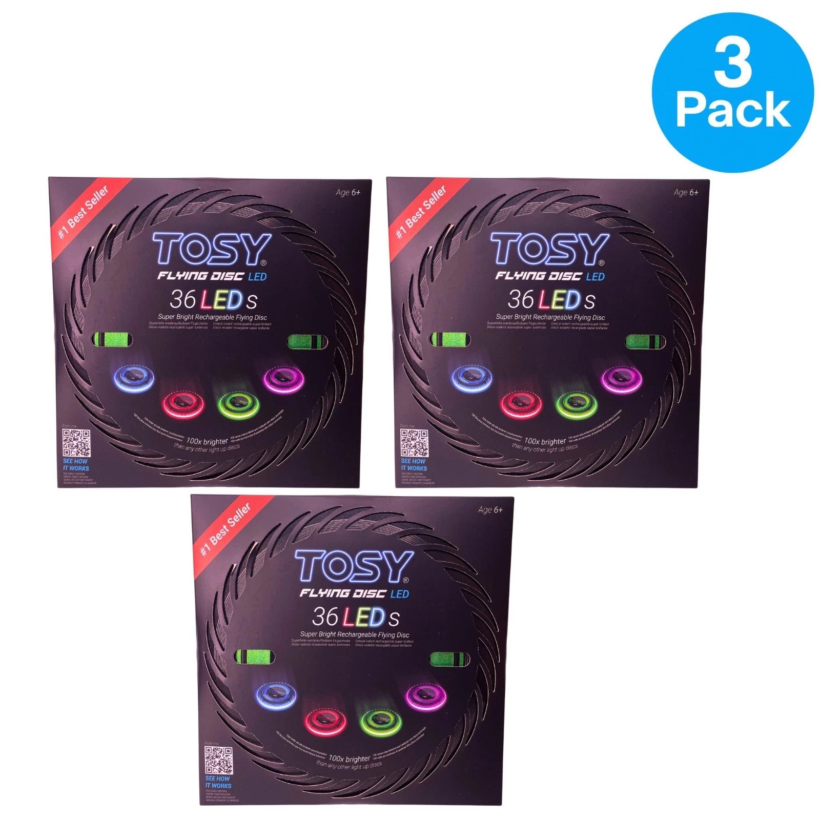 TOSY LED Flying Disc 36 LEDs Rechargeable Ultimate Frisbee 3 Pack New
