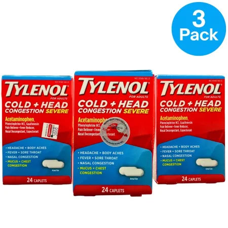 Tylenol Cold + Head Congestion Severe 24ct – 3 Pack – EXP 09/2026 – New