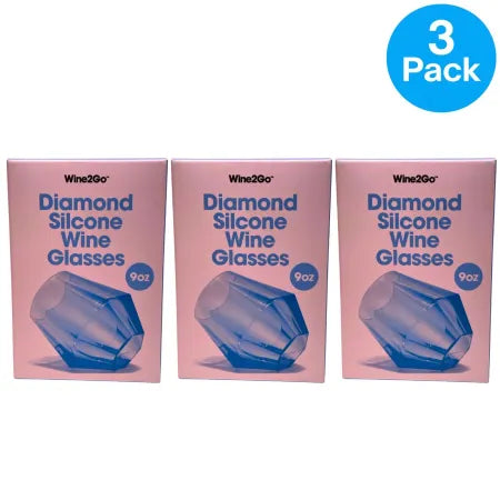 Wine2Go silicone wine glasses 9oz unbreakable 3 pack in various colors stacked together