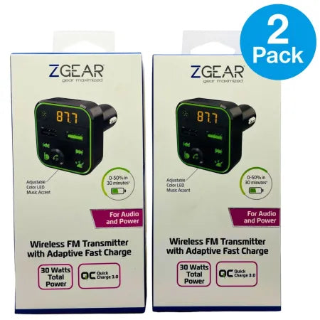 ZGEAR Wireless FM Transmitter with Adaptive Fast Charge (2 Pack) – New