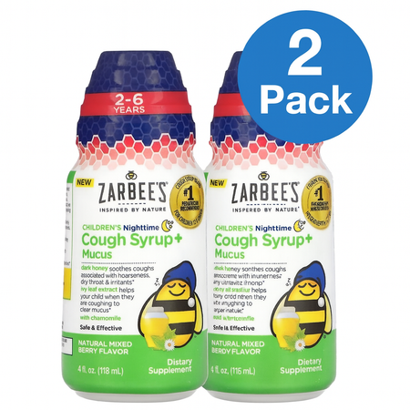 Zarbee's Nighttime Cough Syrup + Mucus 4oz 2 Pack bottle image exp 9/2025