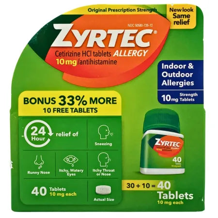Zyrtec Cetirizine HCl 10mg Tablets – 40 ct – EXP 05/2027 – New