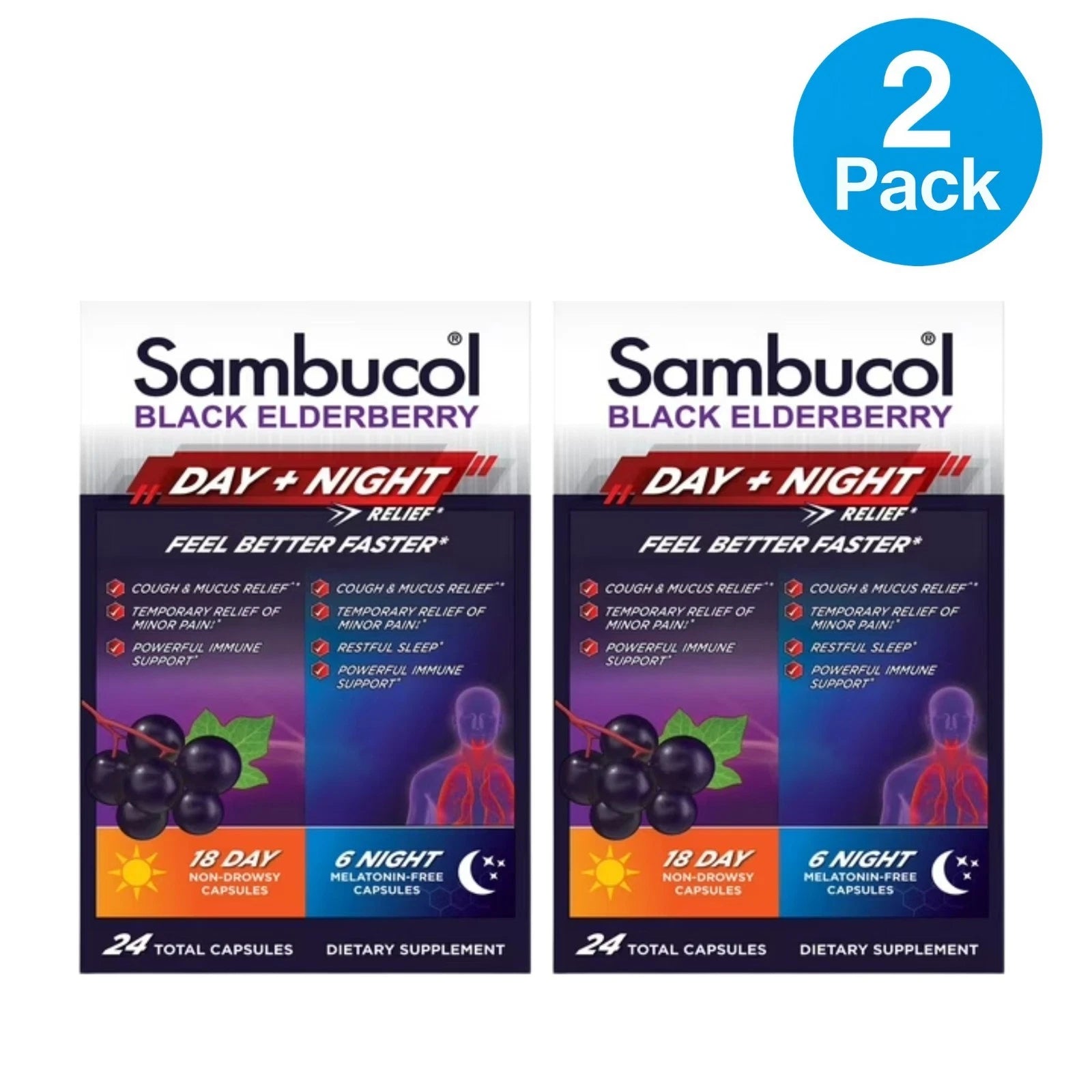 Sambucol Black Elderberry Day + Night Relief 24 Ct 2 Pack New EXP 04/27 1