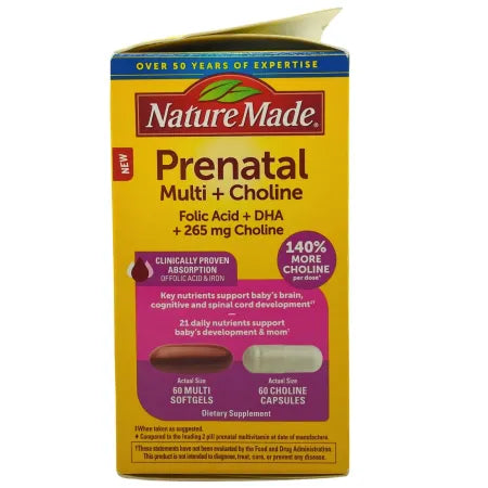 Nature Made Prenatal Multi + Choline with Folic Acid & DHA 60+60 Count (1 Pack) 2