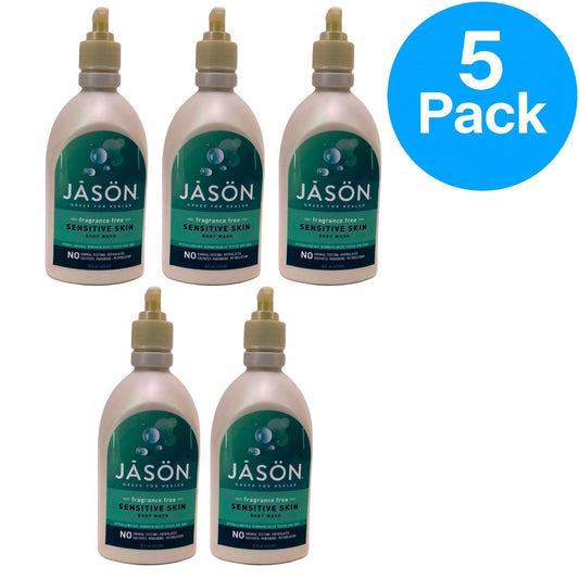 JASON Fragrance Free Sensitive Skin Body Wash 16 fl oz bottles pack of 5 hypoallergenic formula